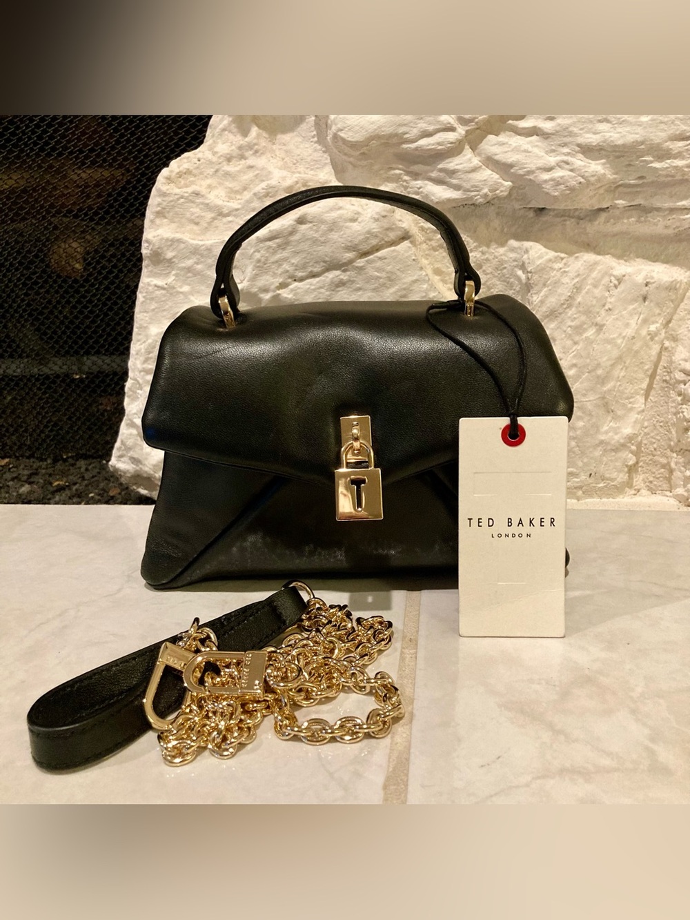 Ted Baker Black Leather Satchel with Gold Chain Strap
